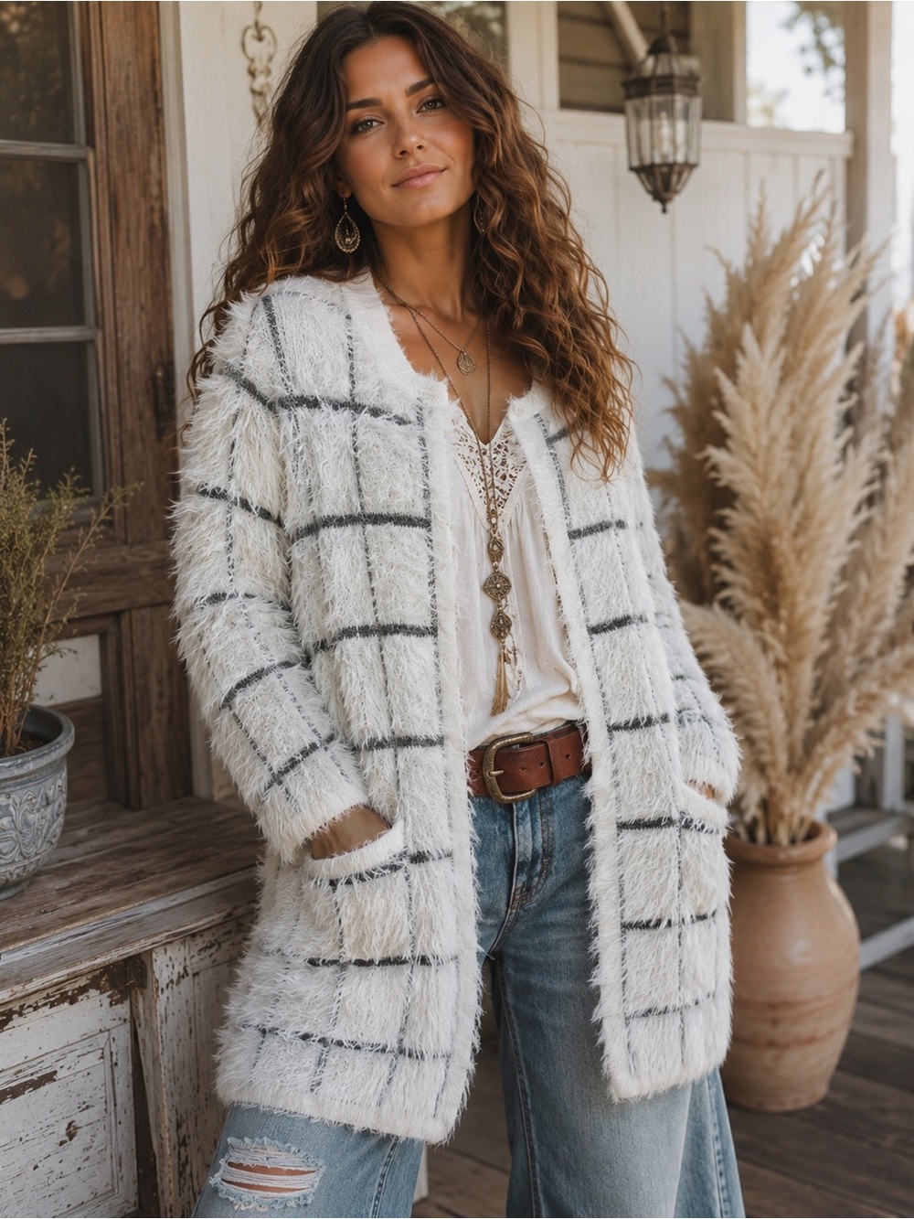 New Directions Fuzzy Eyelash Knit Open Front Cardigan Size Large